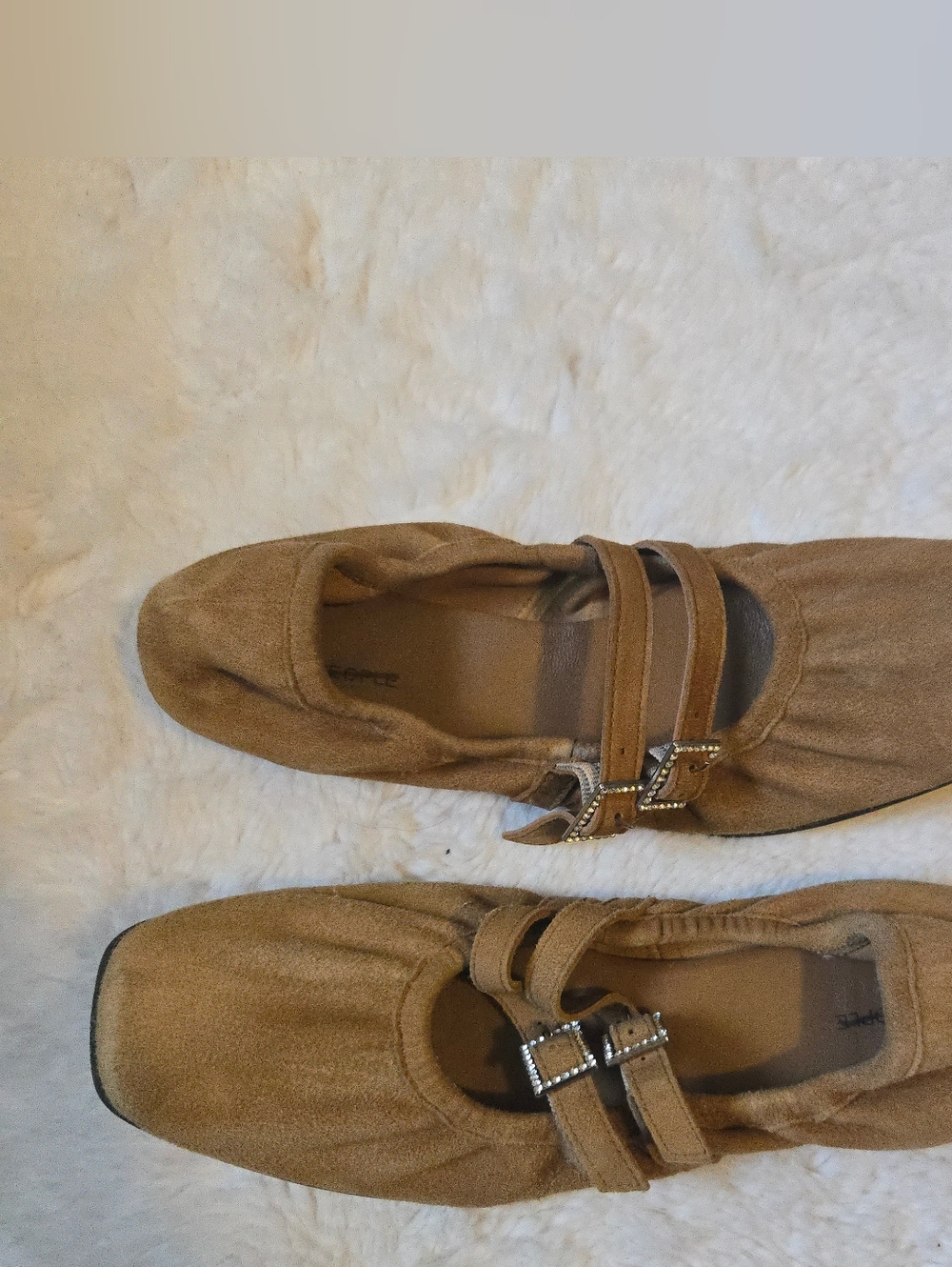 Free People Tan Suede Double-Strap Ballet Flats with Rhinestone Buckles